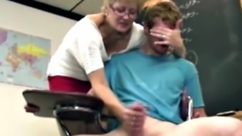 Shorthaired Blonde Gilf Teacher Strokes His Hard Cock