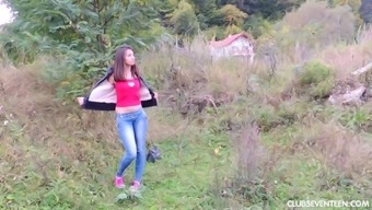 Long Haired Teen Fingering Her Bald Snatch Outdoors