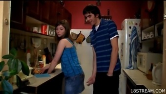 Nasty Dark-Haired Teen Blows And Gets Fucked In The Kitchen