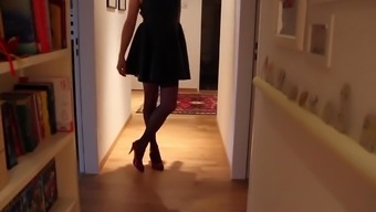Dressed In Leather Skirt And Red High Heels, Play Till Cum