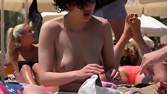 Beauty Brunette Lass Topless Beach Voyeur Public Nude