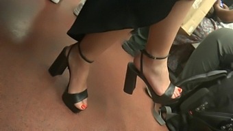 Hot Brunette, Sexy Feet In High Heels Sandals