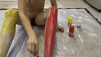 Mature Amateur Gets Nude Body Painting With Sex Toys