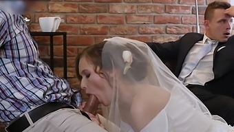 Leggy Bride Rides And Swallows In Bridal Thong